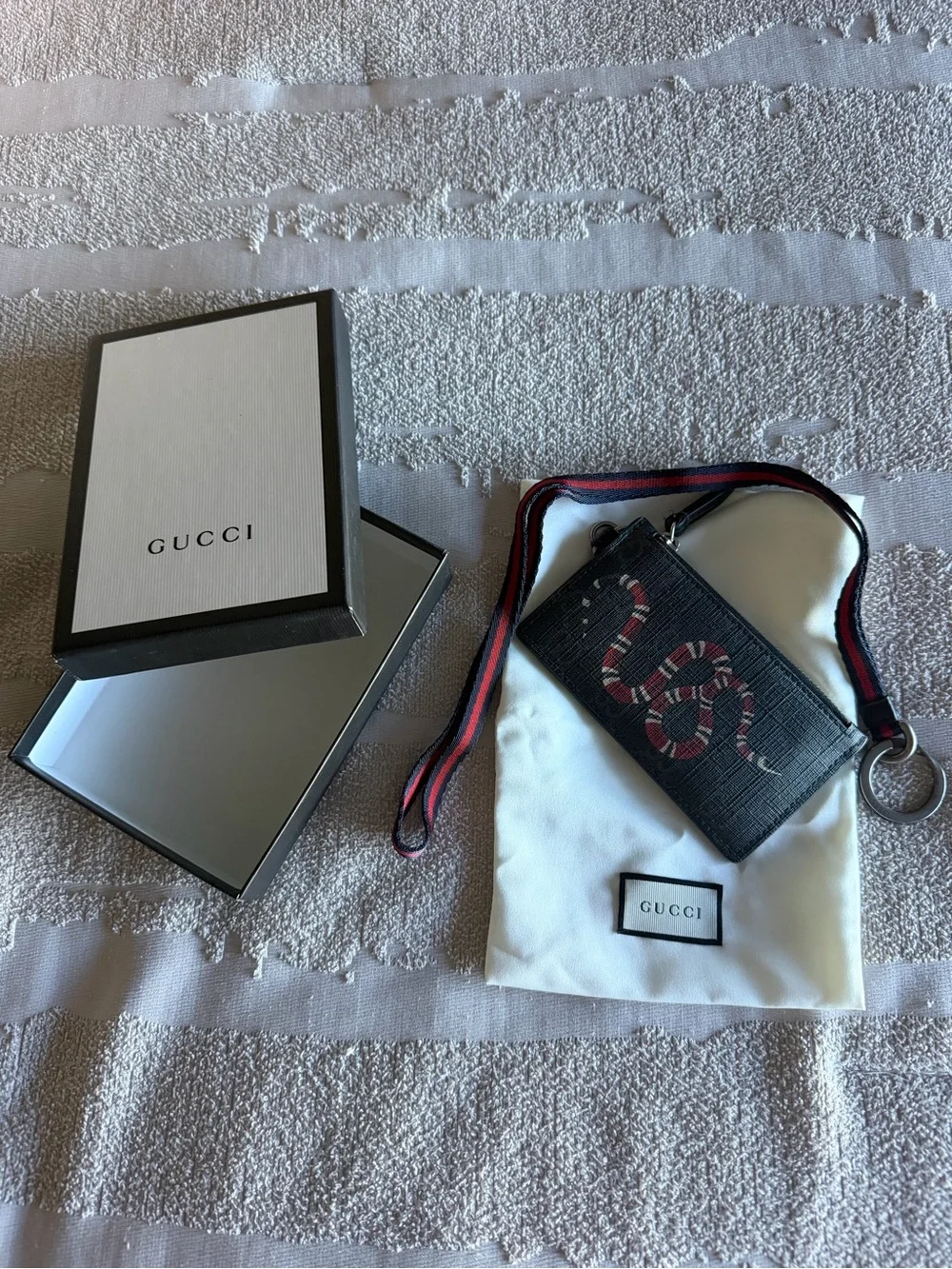 Gucci Black Card Case with Red & White Snake and Navy-Red Web Strap
